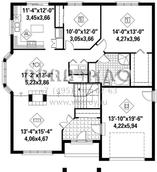 Проект одноэтажного дома с гаражом на одну машину в стиле Ранчо S5-130 (6146-00364)