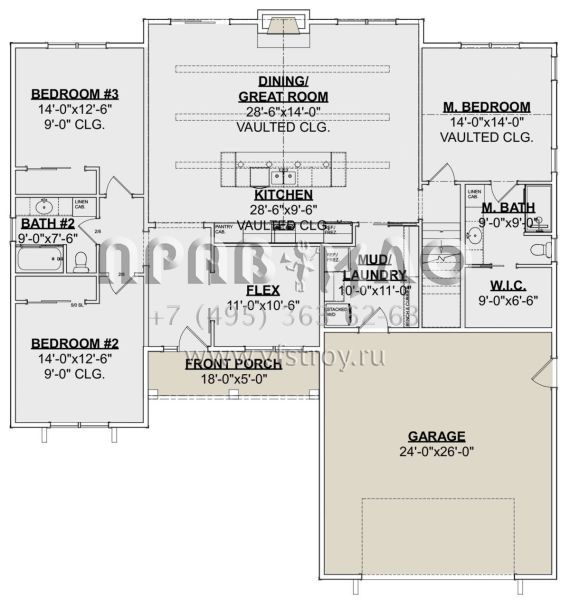 Проект одноэтажного дома с гаражом на две машины в стиле Ранчо S5-186 (1462-00031)