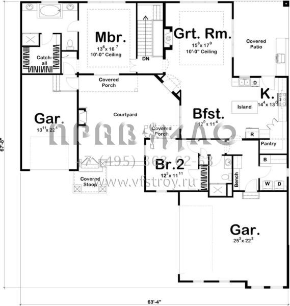 Проект одноэтажного дома с гаражом на три и более машин в английском стиле S5-159 (963-00279)