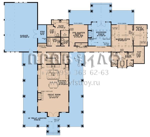 Проект двухэтажного дома с гаражом на три и более машин в стиле Ранчо S5-346 (8318-00347)