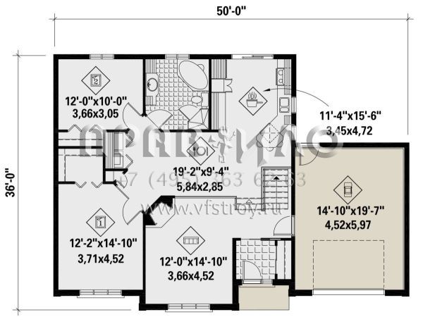Проект одноэтажного дома с гаражом на одну машину в стиле Ранчо S5-109 (6146-00422)
