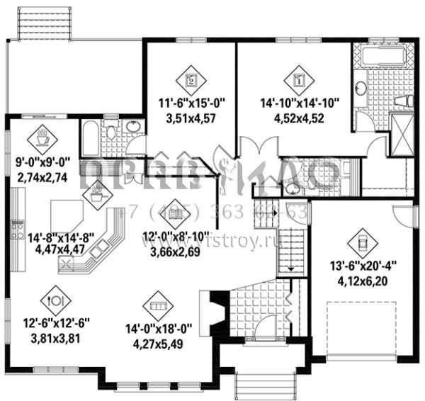 Проект одноэтажного дома с гаражом на одну машину в английском стиле S5-172 (6146-00307)