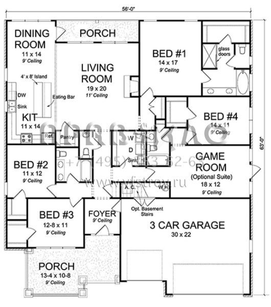Проект одноэтажного дома с гаражом на три и более машин в американском стиле S5-225 (4848-00345)