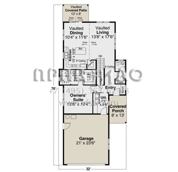 Проект двухэтажного дома с гаражом на две машины в стиле Ранчо S5-154 (035-00927)