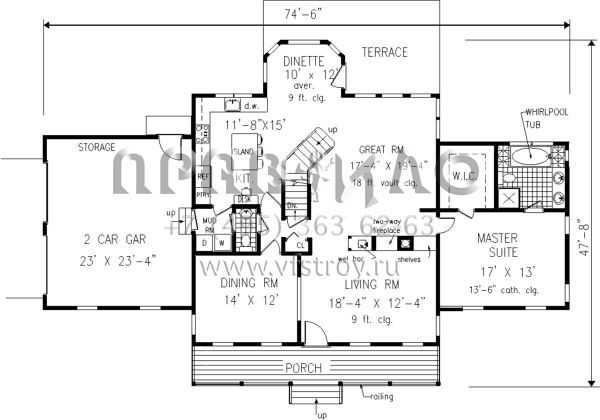 Проект двухэтажного дома с гаражом на две машины в стиле Ранчо S5-228 (033-00044)