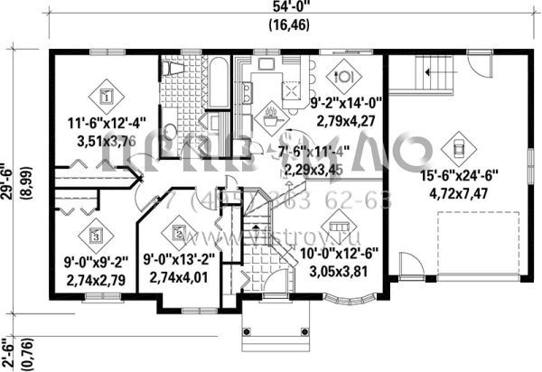 Проект одноэтажного дома с гаражом на одну машину в стиле Ранчо S5-100 (6146-00054)