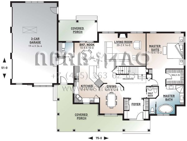 Проект двухэтажного дома с гаражом на три и более машин в стиле Ранчо S5-237 (034-00025)
