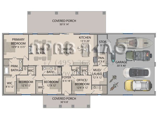 Проект одноэтажного дома с гаражом на три и более машин в стиле БарнХаус S5-243 (3571-00023)