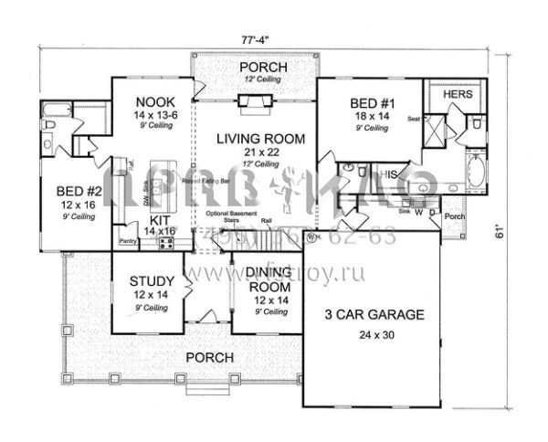 Проект двухэтажного дома с гаражом на три и более машин в стиле Ранчо S5-279 (4848-00071)