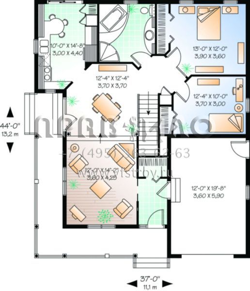 Проект одноэтажного дома с гаражом на одну машину в стиле Ранчо S5-104 (034-00007)