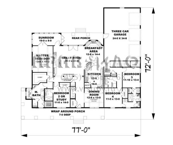 Проект одноэтажного дома с гаражом на три и более машин в американском стиле S5-262 (1776-00086)