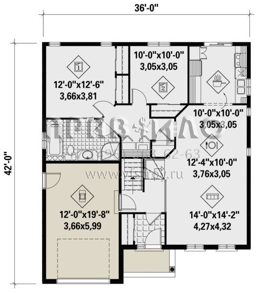 Проект одноэтажного дома с гаражом на одну машину в английском стиле S5-102 (6146-00463)