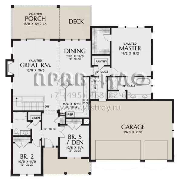 Проект одноэтажного дома с гаражом на три и более машин в стиле Ранчо S5-263 (2559-00877)