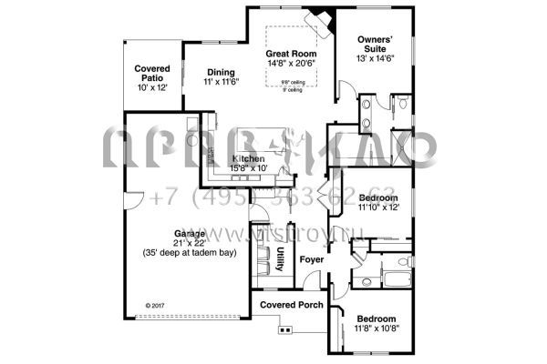 Проект одноэтажного дома с гаражом на две машины в стиле Ранчо S5-169 (035-00775)