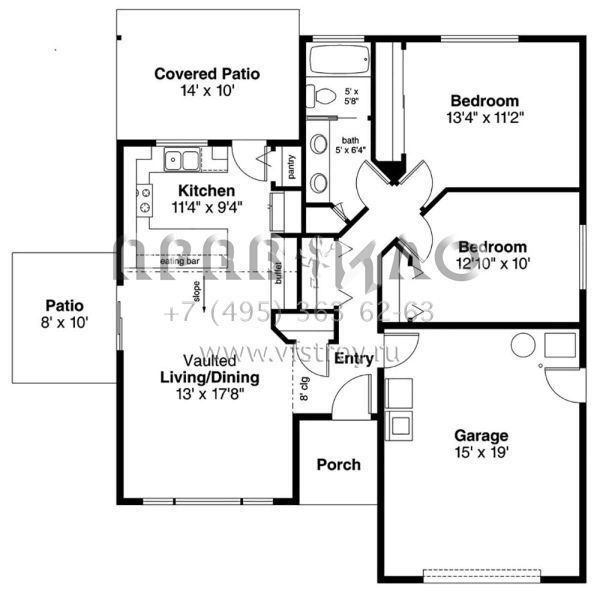 Проект одноэтажного дома с гаражом на одну машину в стиле Ранчо S5-87 (035-00827)