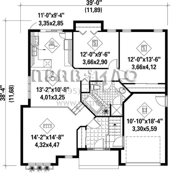 Проект одноэтажного дома с гаражом на одну машину в стиле Ранчо S5-103 (6146-00097)
