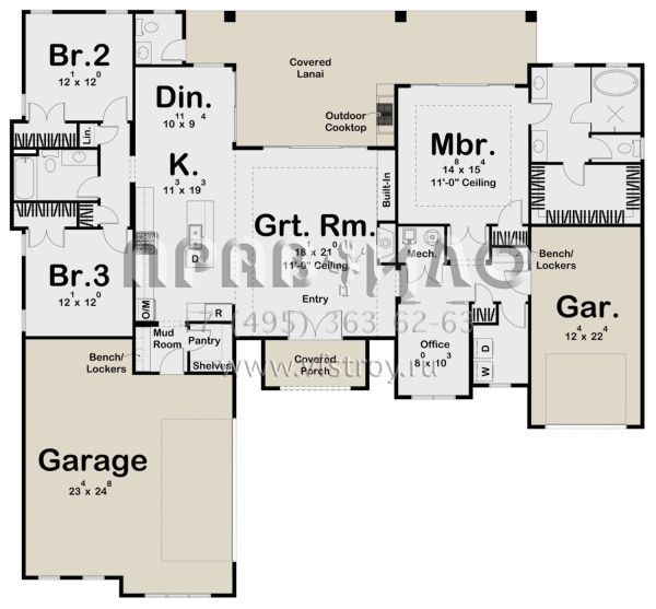 Проект одноэтажного дома с гаражом на три и более машин в прибрежном стиле S5-193 (963-00467)