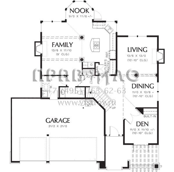 Проект двухэтажного дома с гаражом на три и более машин в стиле Ранчо S5-215 (2559-00459)