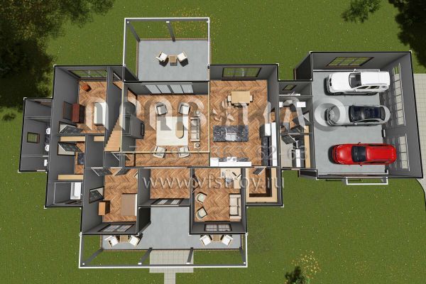 Проект двухэтажного дома с гаражом на три и более машин в стиле Ранчо S5-250 (4848-00391)