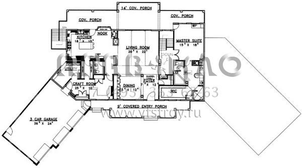 Проект одноэтажного дома с гаражом на три и более машин в стиле Ранчо S5-245 (039-00458)