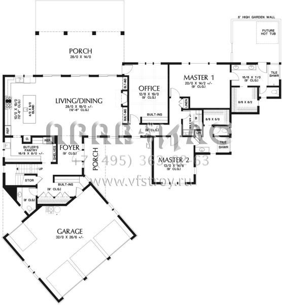 Проект двухэтажного дома с гаражом на три и более машин в стиле Райт S5-297 (2559-00814)