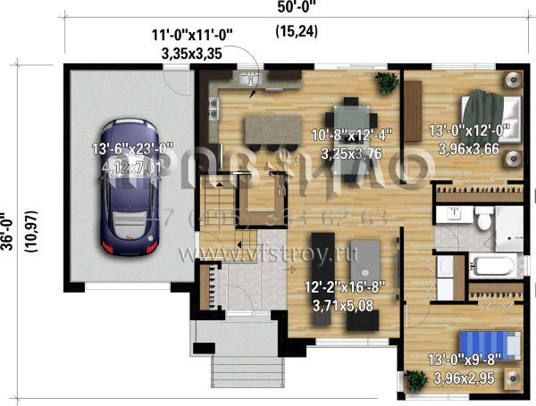 Проект одноэтажного дома с гаражом на одну машину в современном стиле S5-107 (6146-00479)
