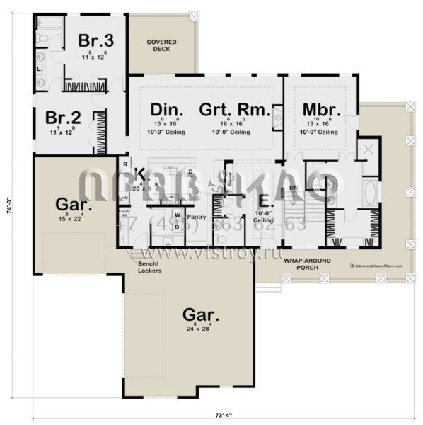 Проект одноэтажного дома с гаражом на три и более машин в стиле Ранчо S5-198 (963-00294)