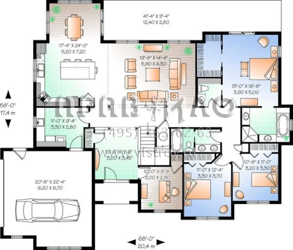 Проект двухэтажного дома с гаражом на две машины в стиле Ранчо S5-207 (034-00675)