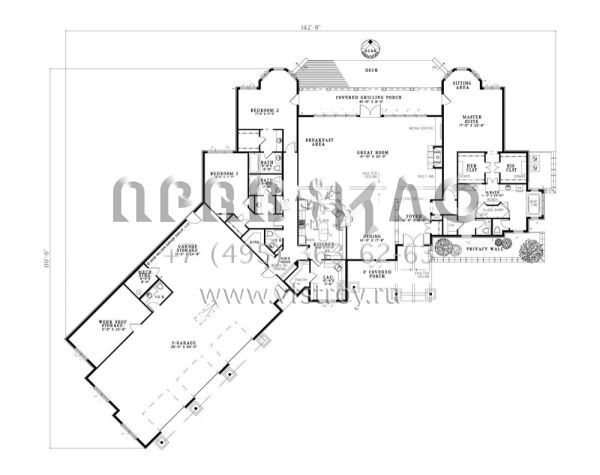 Проект одноэтажного дома с гаражом на три и более машин в американском стиле S5-379 (110-00192)