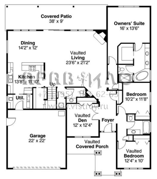 Проект одноэтажного дома с гаражом на две машины в стиле Ранчо S5-215 (035-00572)