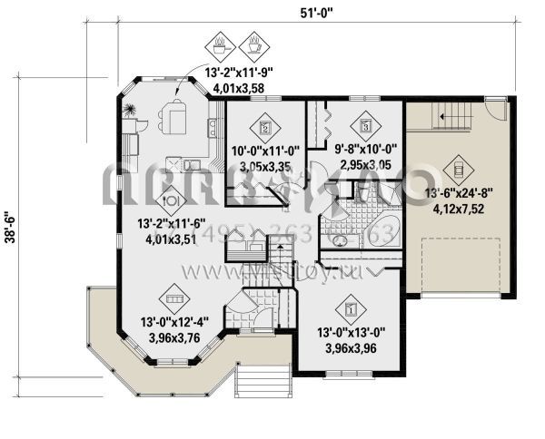 Проект одноэтажного дома с гаражом на одну машину в английском стиле S5-118 (6146-00416)