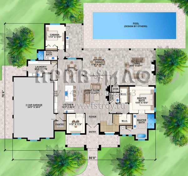 Проект двухэтажного дома с гаражом на три и более машин в современном стиле S5-345 (207-00069)