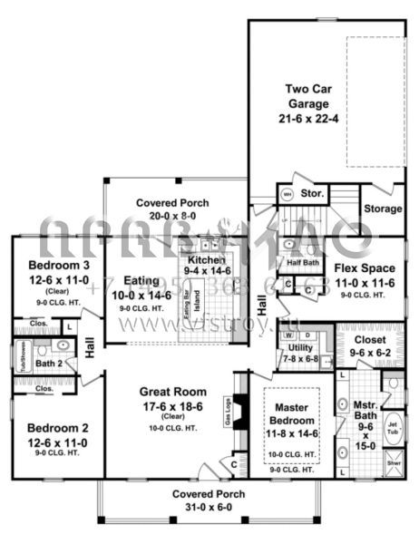 Проект двухэтажного дома с гаражом на две машины в стиле Ранчо S5-175 (348-00079)