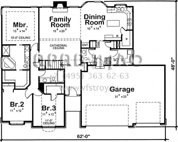 Проект одноэтажного дома с гаражом на три и более машин в стиле Ранчо S5-164 (402-01532)