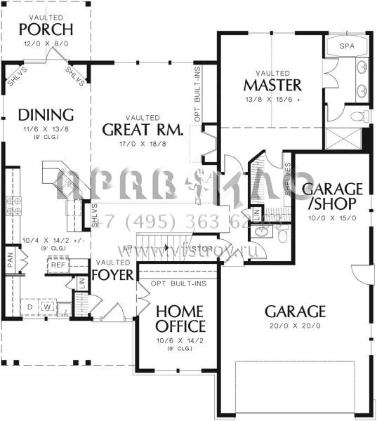Проект двухэтажного дома с гаражом на три и более машин в стиле Ранчо S5-193 (2559-00347)
