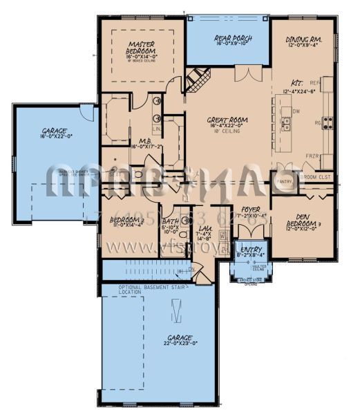 Проект одноэтажного дома с гаражом на три и более машин в стиле Ранчо S5-195 (8318-00203)