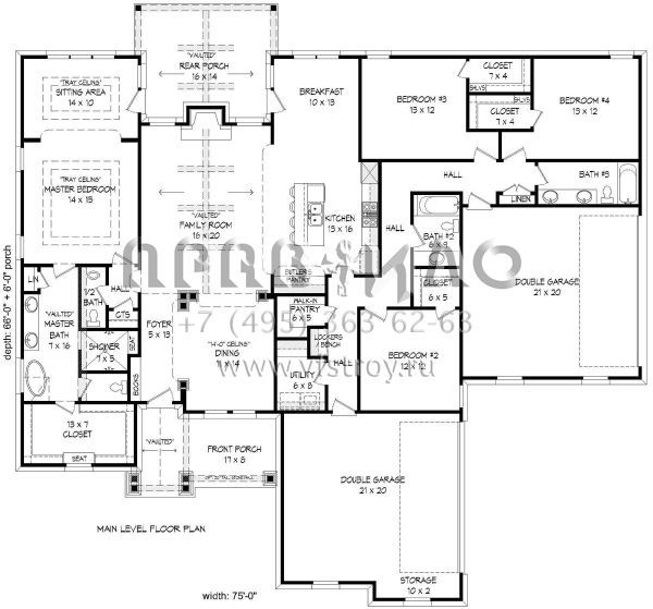 Проект одноэтажного дома с гаражом на три и более машин в стиле Ранчо S5-251 (940-00152)