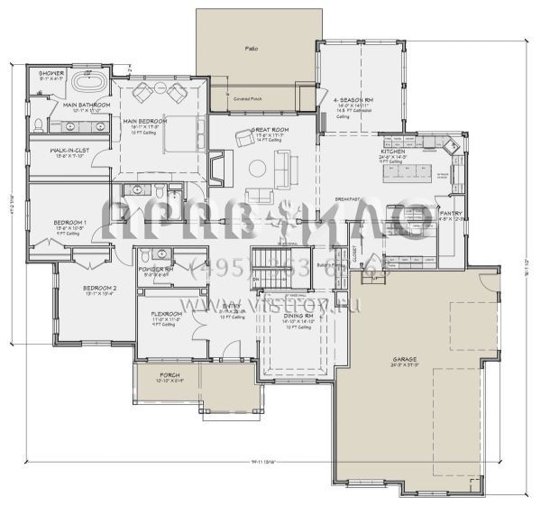 Проект одноэтажного дома с гаражом на три и более машин в американском стиле S5-292 (8080-00001)