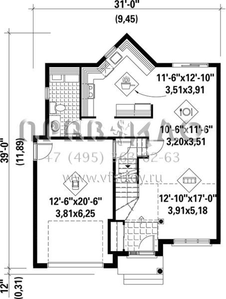 Проект двухэтажного дома с гаражом на одну машину в стиле Ранчо S5-139 (6146-00110)
