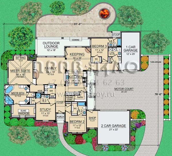 Проект одноэтажного дома с гаражом на три и более машин в стиле Ранчо S5-320 (5445-00393)