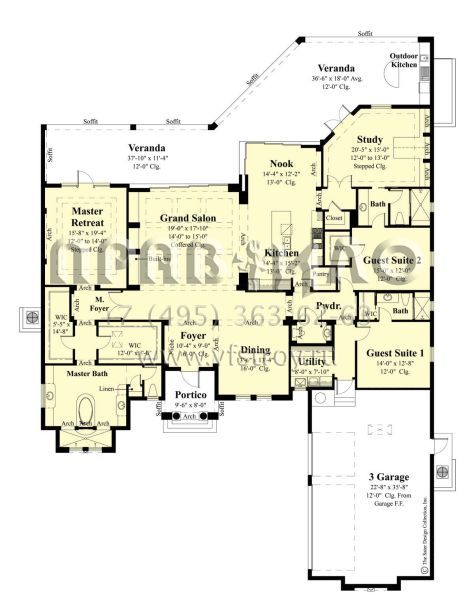 Проект одноэтажного дома с гаражом на три и более машин в прибрежном стиле S5-329 (8436-00055)