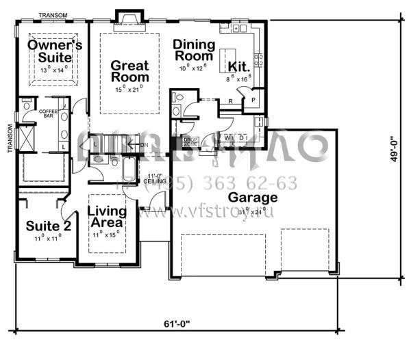 Проект одноэтажного дома с гаражом на три и более машин в стиле Ранчо S5-163 (402-01557)