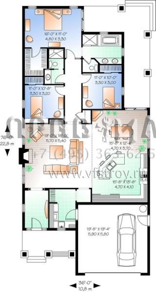 Проект одноэтажного дома с гаражом на одну машину в стиле Ранчо S5-171 (034-00976)