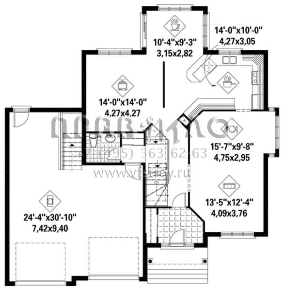 Проект двухэтажного дома с гаражом на две машины в стиле Ранчо S5-220 (6146-00216)