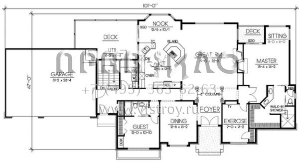 Проект одноэтажного дома с гаражом на три и более машин в стиле Ранчо S5-233 (692-00135)