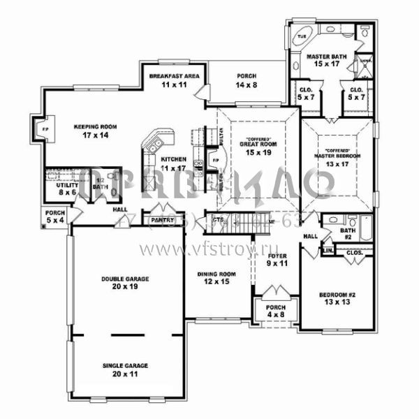 Проект двухэтажного дома с гаражом на три и более машин в стиле Ранчо S5-279 (053-02467)