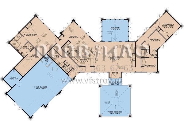 Проект одноэтажного дома с гаражом на три и более машин в стиле Ранчо S5-338 (8318-00344)