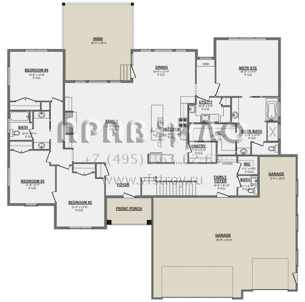Проект одноэтажного дома с гаражом на три и более машин в американском стиле S5-230 (1958-00004)