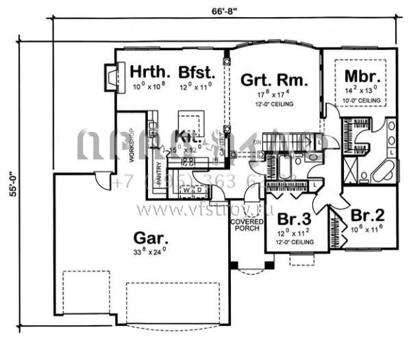 Проект одноэтажного дома с гаражом на три и более машин в стиле Ранчо S5-165 (963-00032)