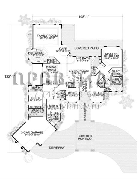 Проект одноэтажного дома с гаражом на три и более машин в стиле Ранчо S5-472 (168-00031)